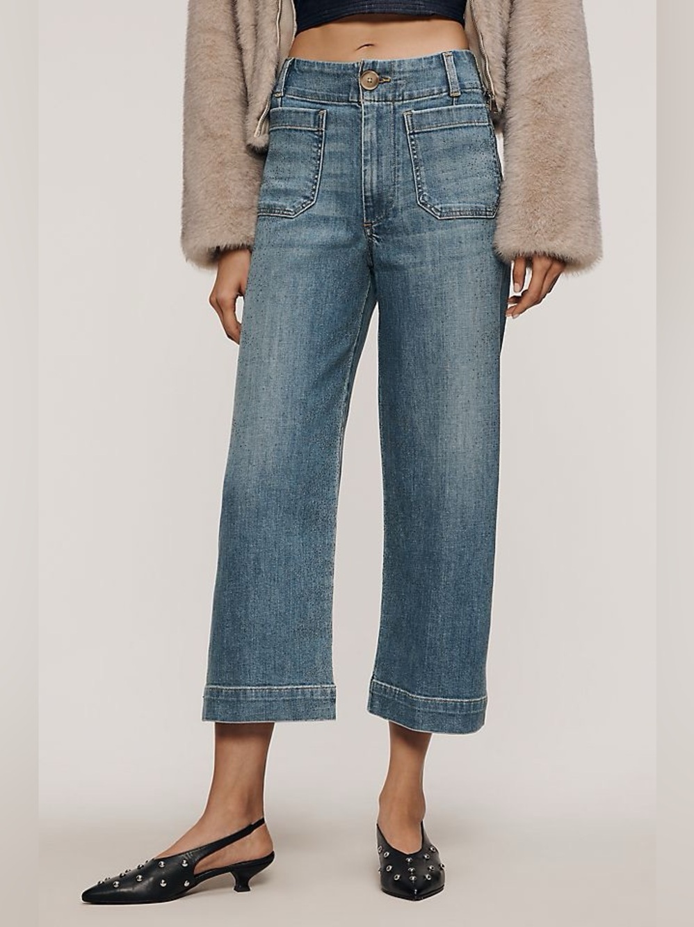 Anthro Maeve Colette Sparkle High-Rise Wide-Leg Cropped Jeans Size 24 Petite